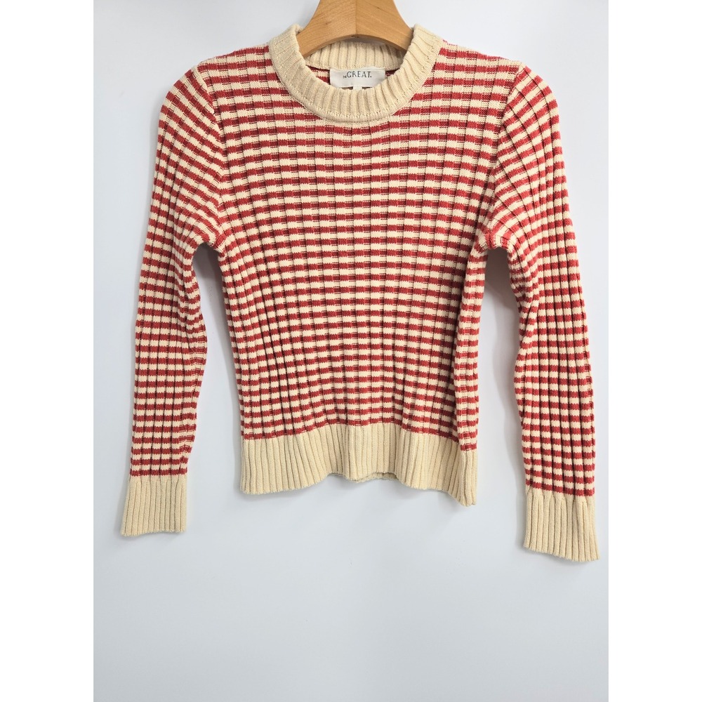THE GREAT.‎ The Mini Striped Pullover Sweater Red Cream Ribbed Cotton Blend Sz 1 - Picture 2 of 14
